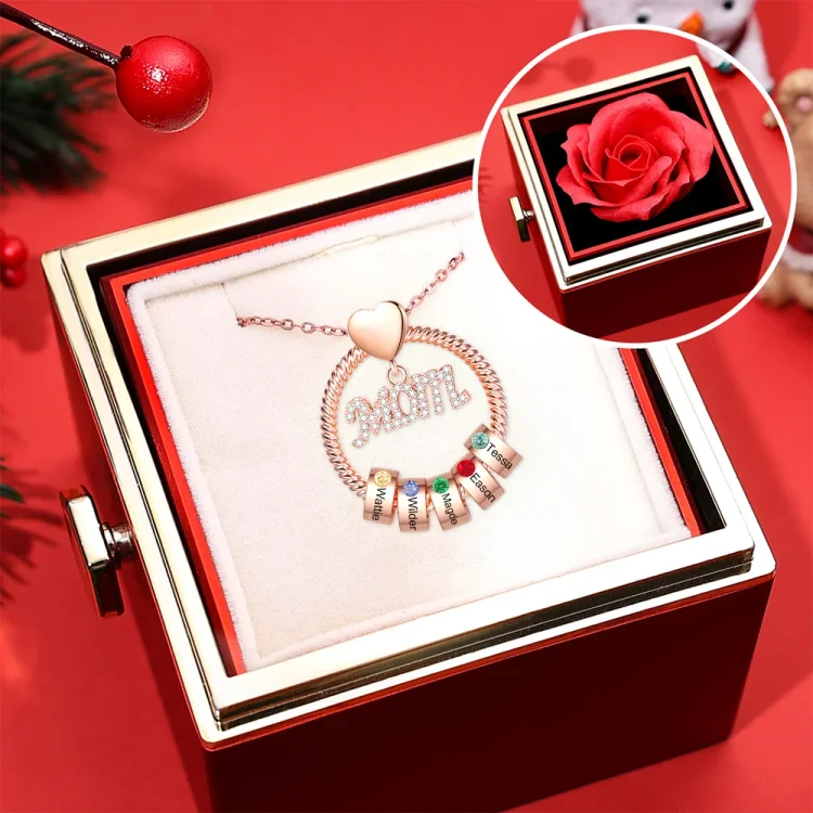 5 Names - Personalized Mom Circle Necklace Gift Set Custom Birthstones Pendant Necklace Rose Gifts