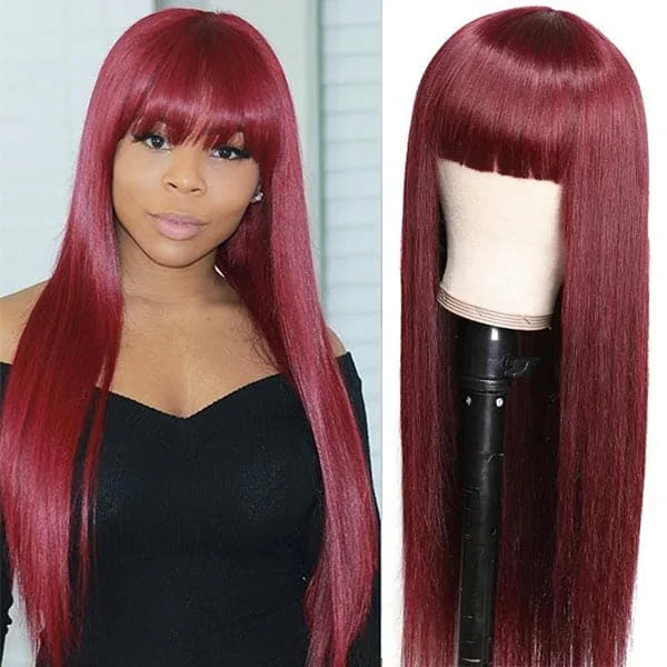Burgundy Hair Straight Ombre Burgundy Wig 2X4 Lace Wig With Bangs Human Hair