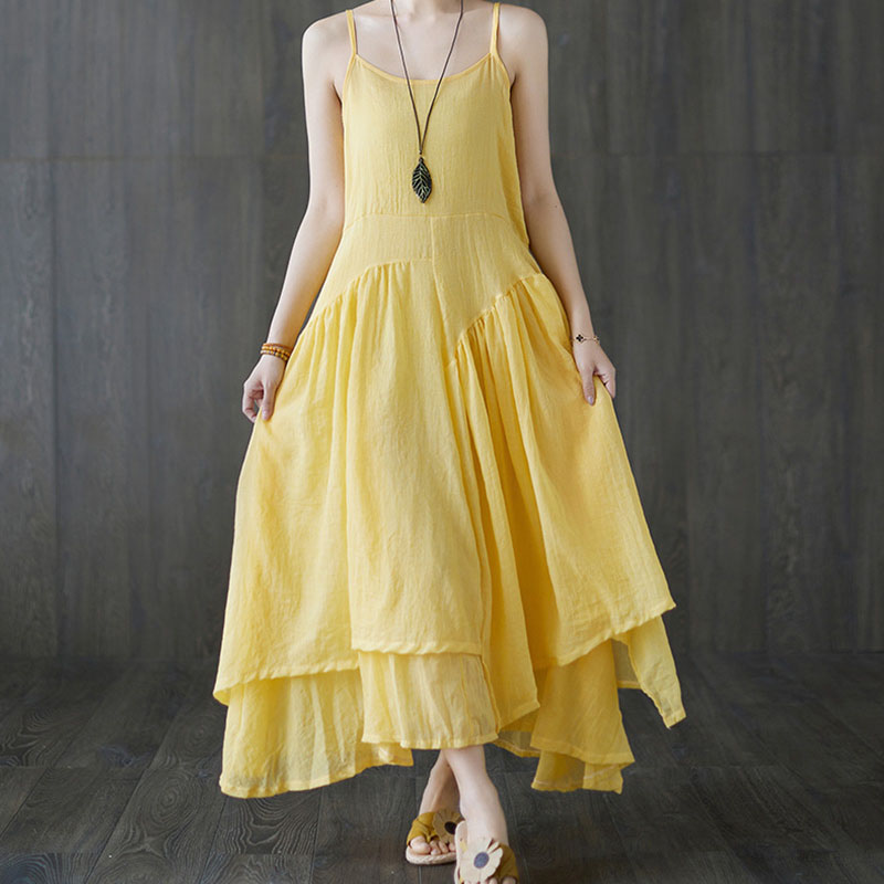 Irregular Pure Color Vintage Loose Linen Slip Dress