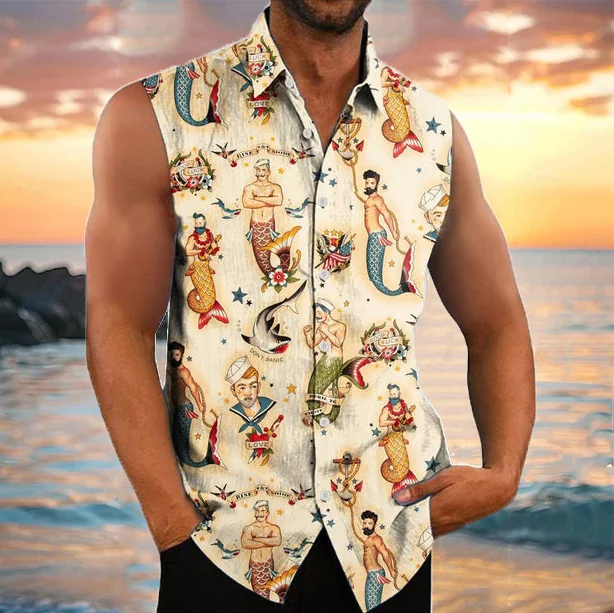 Men's Casual Mermen Pattern Sleeveless Shirts
