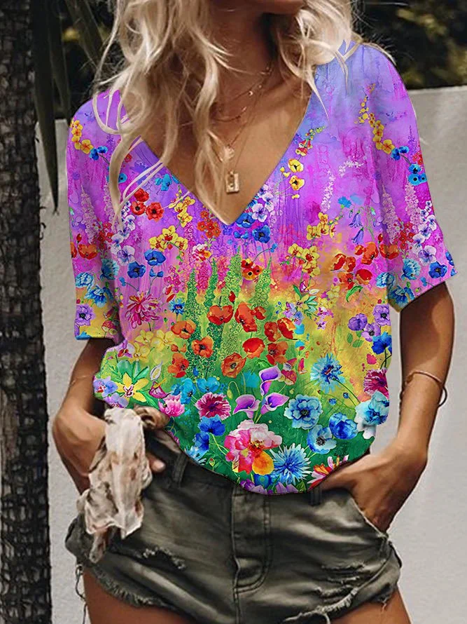 Bestdealfriday Watercolor Floral Graphic V Neck Short Sleeve Loose Tee