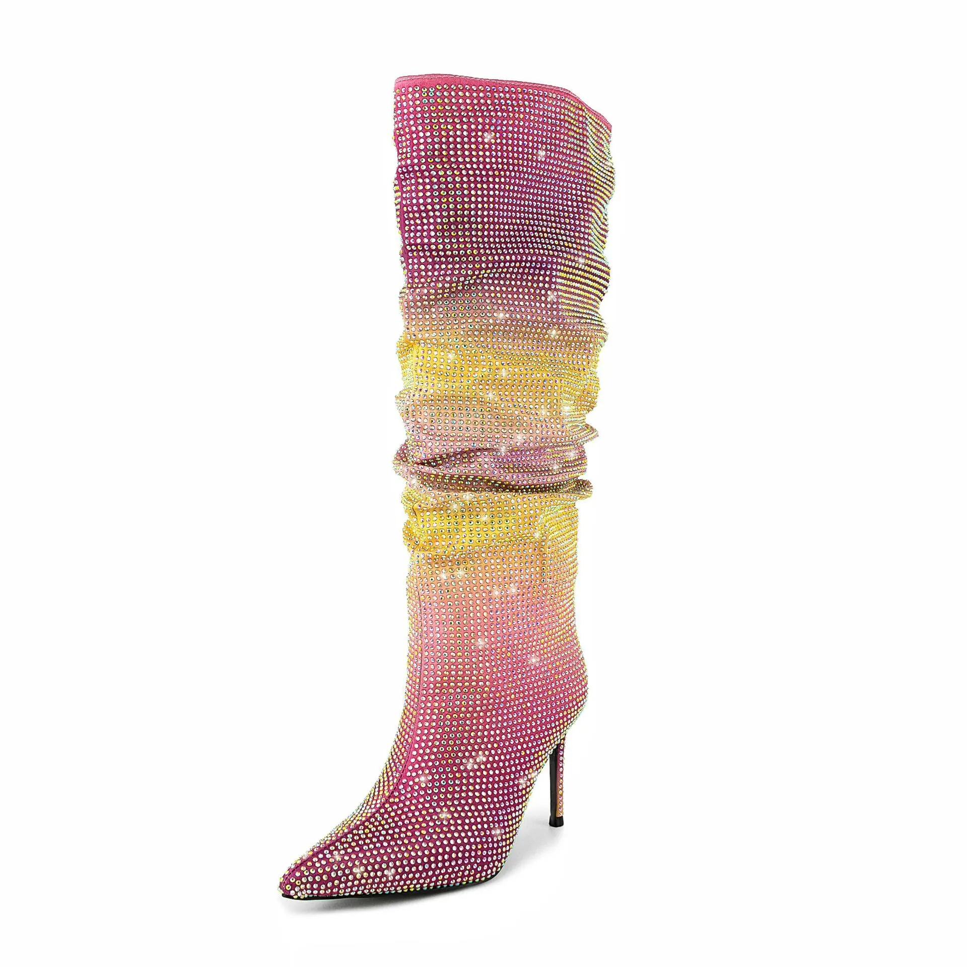 VCSHOES Crystal Boot Woman Pointed Toe Knee High Boots Rhinestone Thin High Heel Boots Shinning Ladies Botas Mujer 47