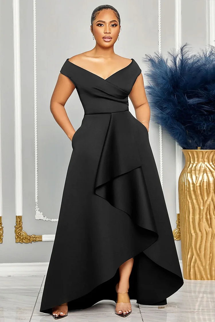 V Neck A-Line Ruffled Trim Wide Hem Pocket Evening Gowns Maxi Dresses-Black