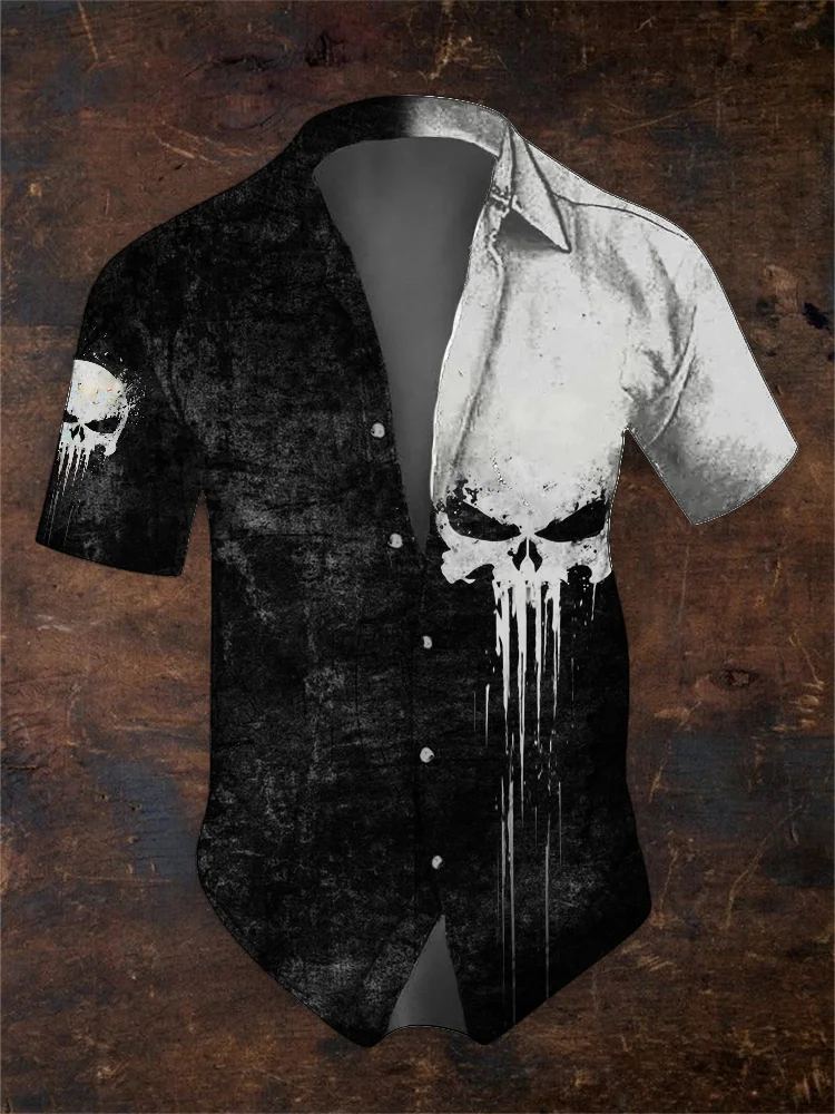 BrosWear Men's Skull Graffiti Contrast Distressed Short Sleeve Shirt