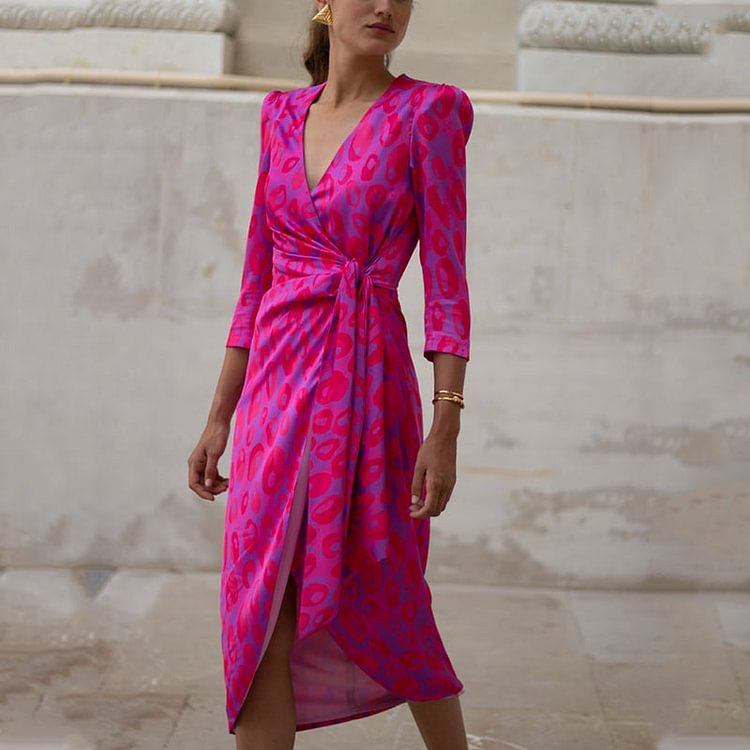 VChics Asymmetrical Printed Sheath Wrap Midi Dress