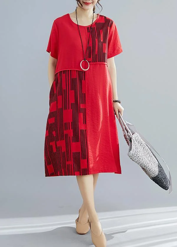 Chic red patchwork cotton quilting dresses plus size pattern o neck Maxi summer Dress
