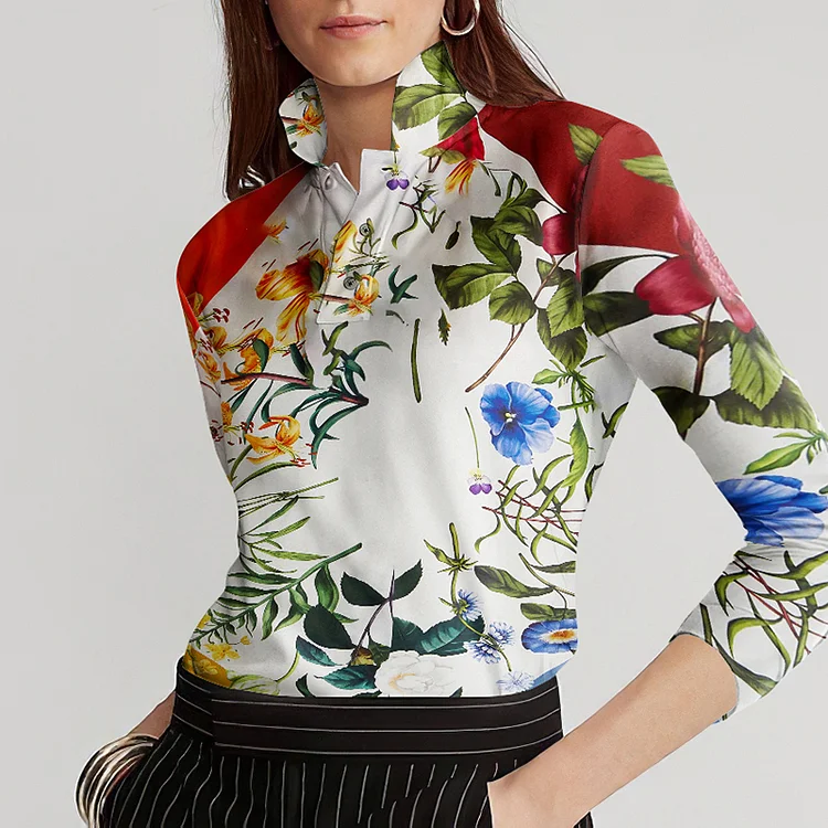 Vefave Lapel Multicolor Floral Long Sleeves Polo Shirt