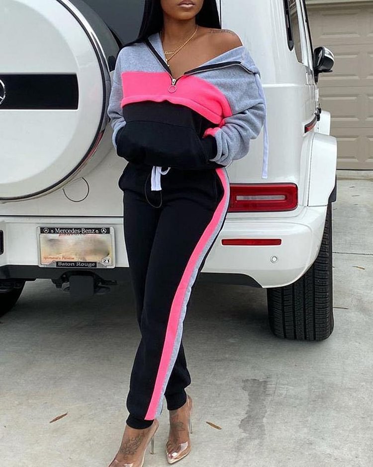 Corlorblock Half Zip Drawsring Hooded Top & Pants Set - Shop Trendy Women's Clothing | LoverChic