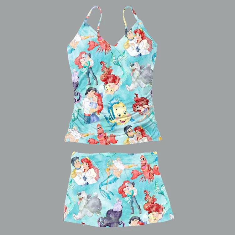 Mermaid Pattern V Neck Cami & Skirt Split Swimwear 2Pcs Set [Pre-Order]