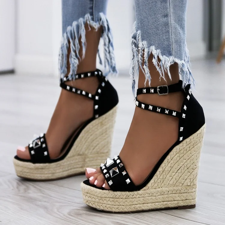 Black Rivets Wedge Sandals Open Toe Platform Sandals for Women |FSJ Shoes