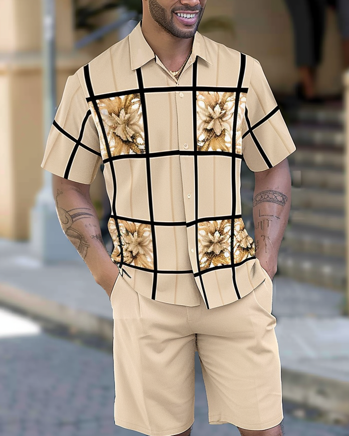 Men's Casual Hawaiian Vacation Short Sleeve Shirt Set 007