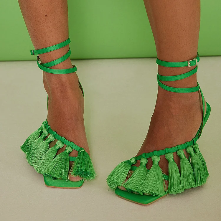 Green Satin Stiletto Sandals with Square Toe and Tassels Vdcoo