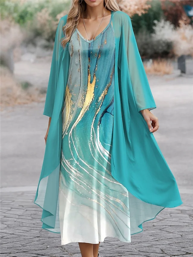 Women's V-Neck Geometric Marble Print Two-Piece Dress socialshop