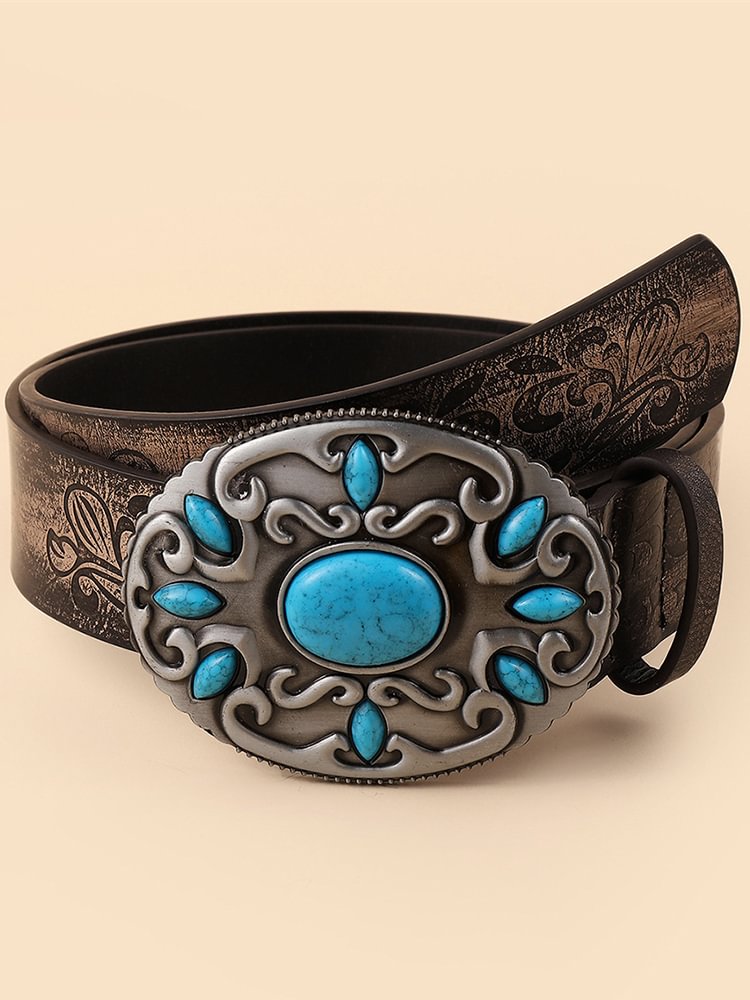 VChics Western Turquoise Studded Vintage Carved Belt