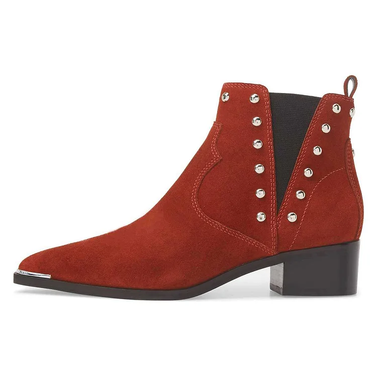 Red Vegan Suede Studs Chelsea Boots Chunky Heel Ankle Boots |FSJ Shoes