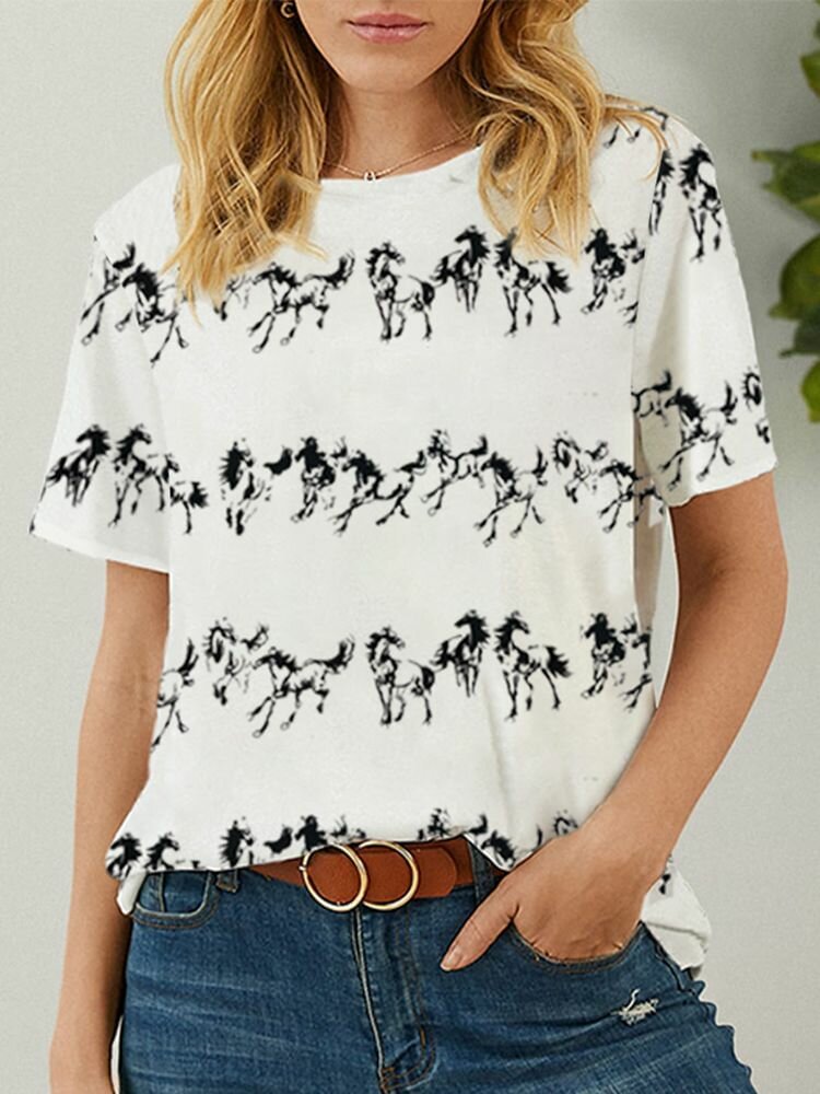 Horses Print O neck Short Sleeve Women Casual T Shirt P1847378