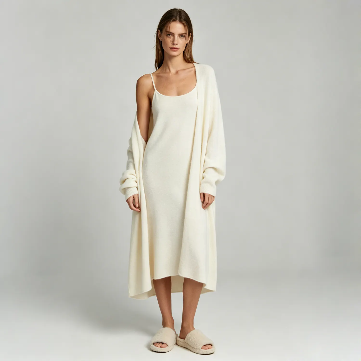 Cashmere Wool Blend Knit Cardigan Longline Open Front Minimal Daily Style REAL SILK LIFE