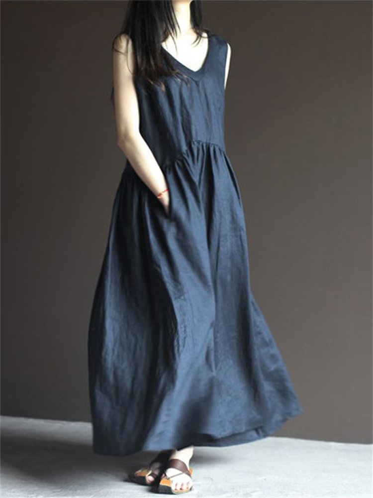 Pleated Wide Skirt V Neck Maxi Dress