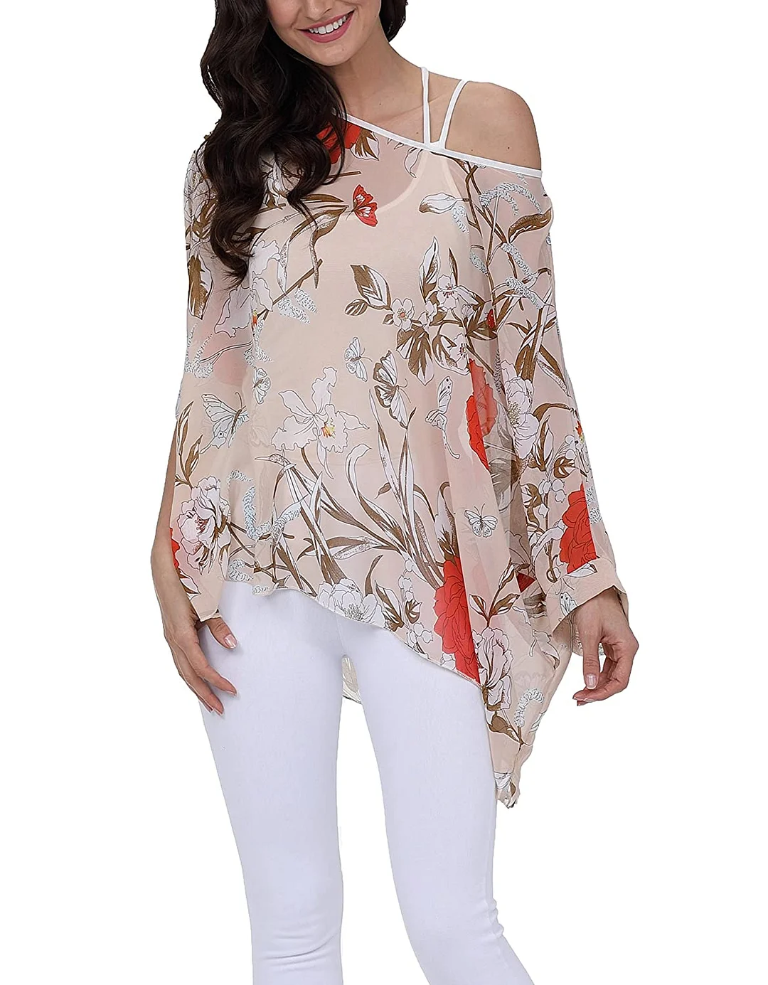 Women Stylish Summer Floral Printed Shirt Batwing Sleeve Top Chiffon Poncho Casual Loose Blouse with Shoulder Off