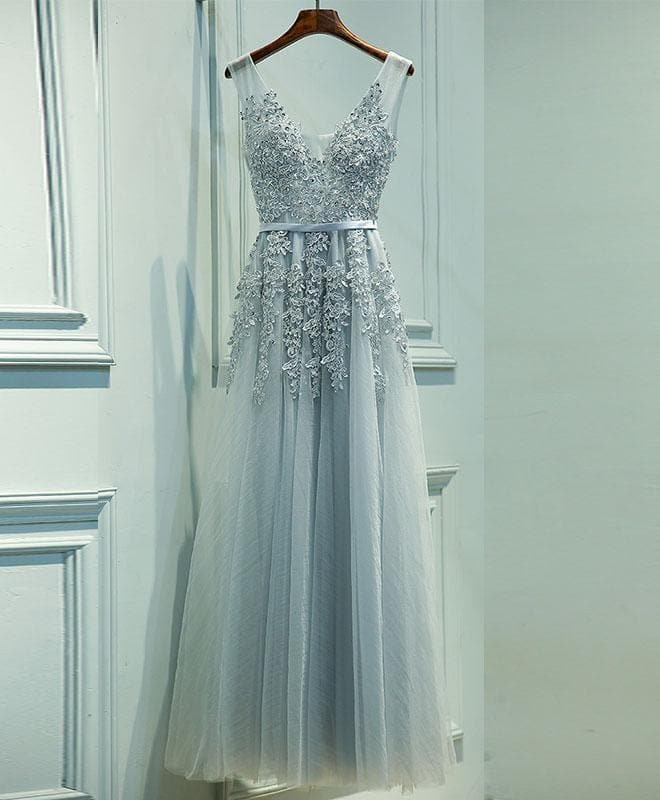 Gray V Neck Lace Tulle Long Prom Dress, Lace Evening Dress