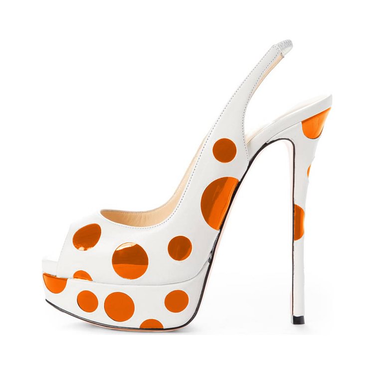 White and Orange Polka Dots Slingback Heels Peep Toe Platform Sandals |FSJ Shoes