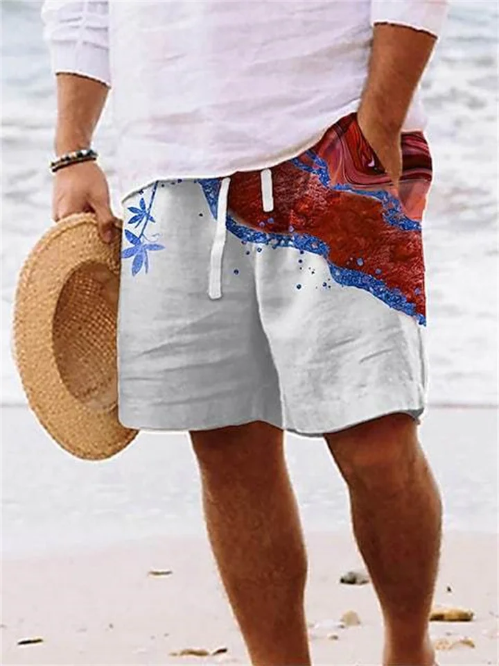 Printed Drawstring Casual Shorts Blue Red Beach Pants Men's Summer Shorts-JRSEE