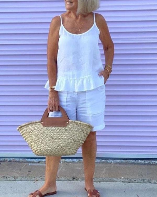 Pure Color Ruffle Hem Linen Cotton Camis Shorts Set - Chicaggo