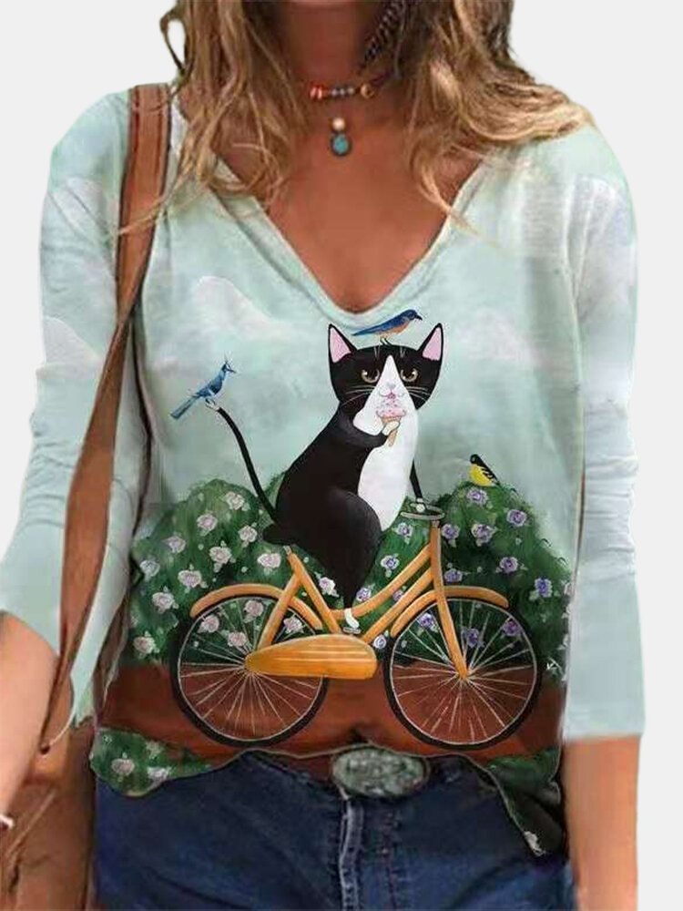 Cartoon Cat Printed Casual V neck Long Sleeve T Shirt For Women P1782663