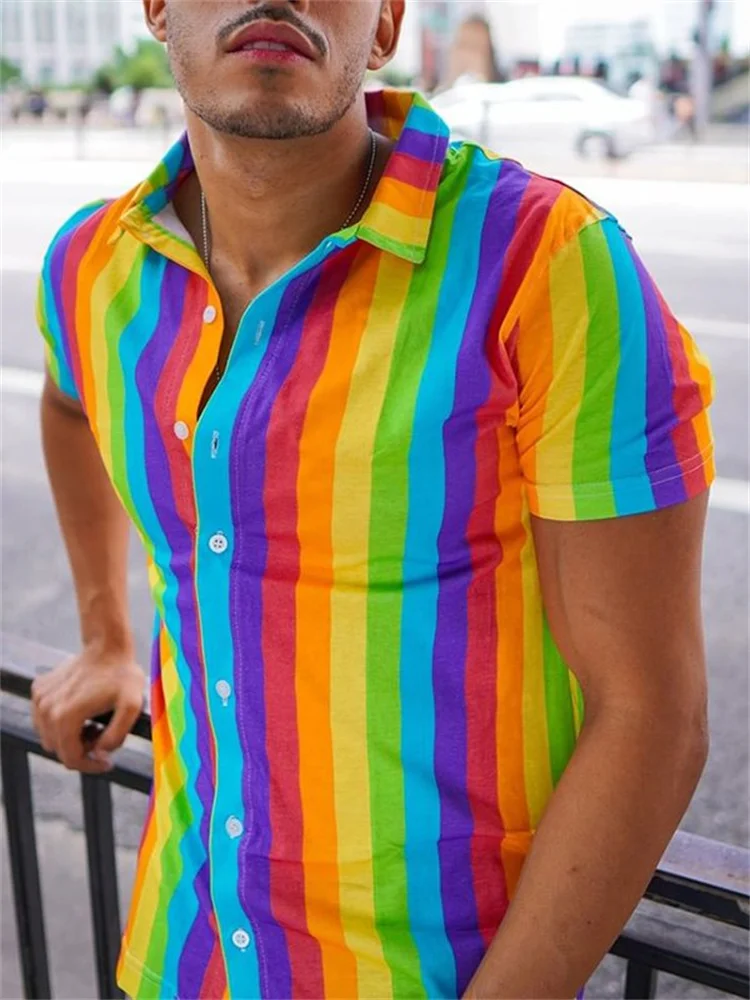 Fashion Rainbow Print Turn Down Collar Shirt