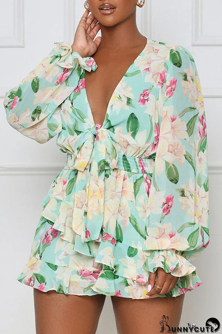 Green Casual Sweet Print Patchwork V Neck Straight Dresses