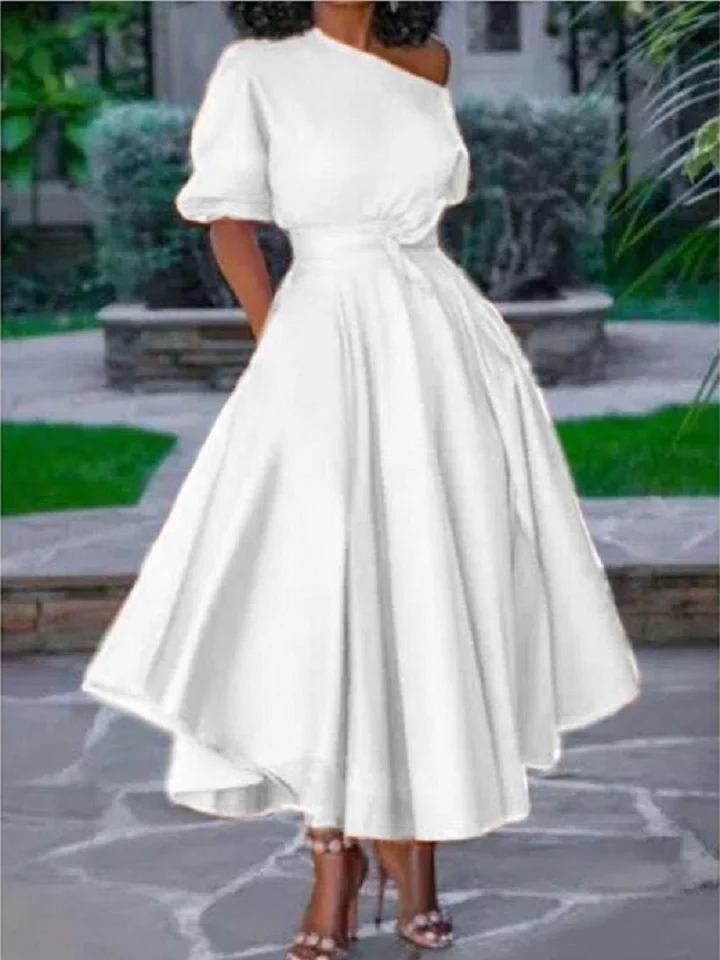 One Shoulder Lace Up Waist Length Dress White Dresses-Cosfine