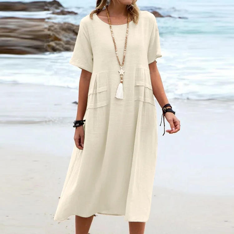 Cotton Solid Color Round Neck Midi Beach Dress VangoghDress