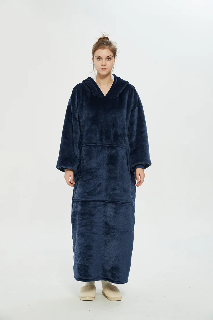 Long Winter Plush Fleece Wearable Blanket Hoodie Blue  Stunahome.com