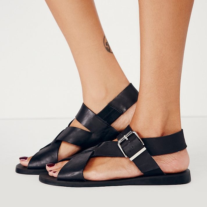 Women's Black Buckle Comfortable Flats Sandals |FSJ Shoes