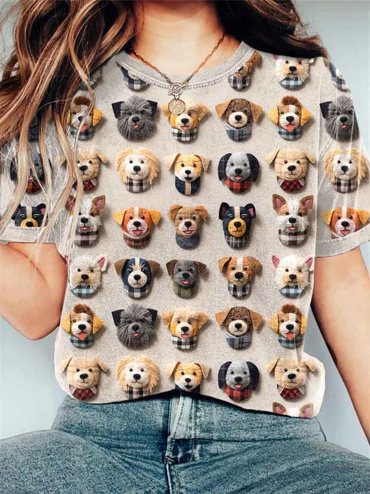 Cute Dogs Embroidery Pattern Short Sleeve T-Shirt