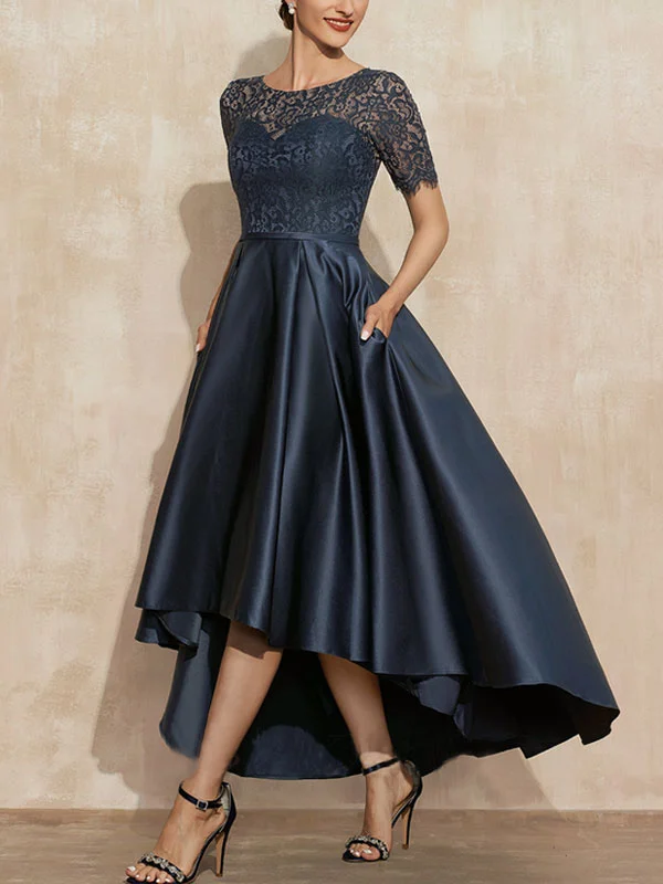 A-Line Scoop Neck Asymmetrical Satin Lace Mother of the Bride Dress With Pockets