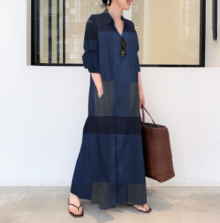 Zanzea Women Fashion Long Sleeve V-Neck Plaid Stripe Casual Maxi Dress Loose Kaftan Dresses - Chicaggo