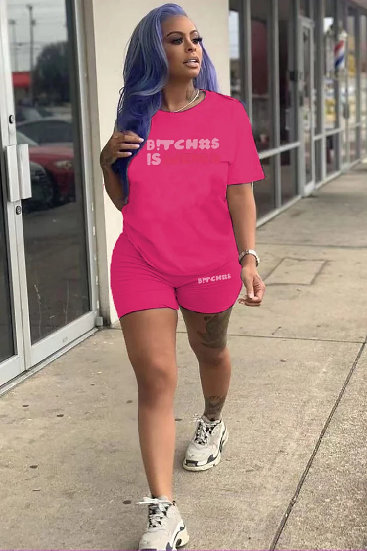 Letter Print Short Sleeve Tees Sporty Two Piece Shorts Set