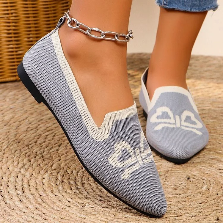 Knitted Colorblock Bow Pattern Pointed Toe Slip On Flats