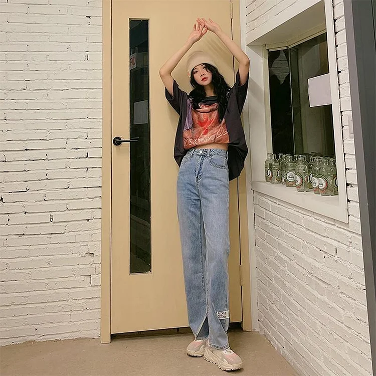 Korean Fashion High Waist Side Split Jeans TK033