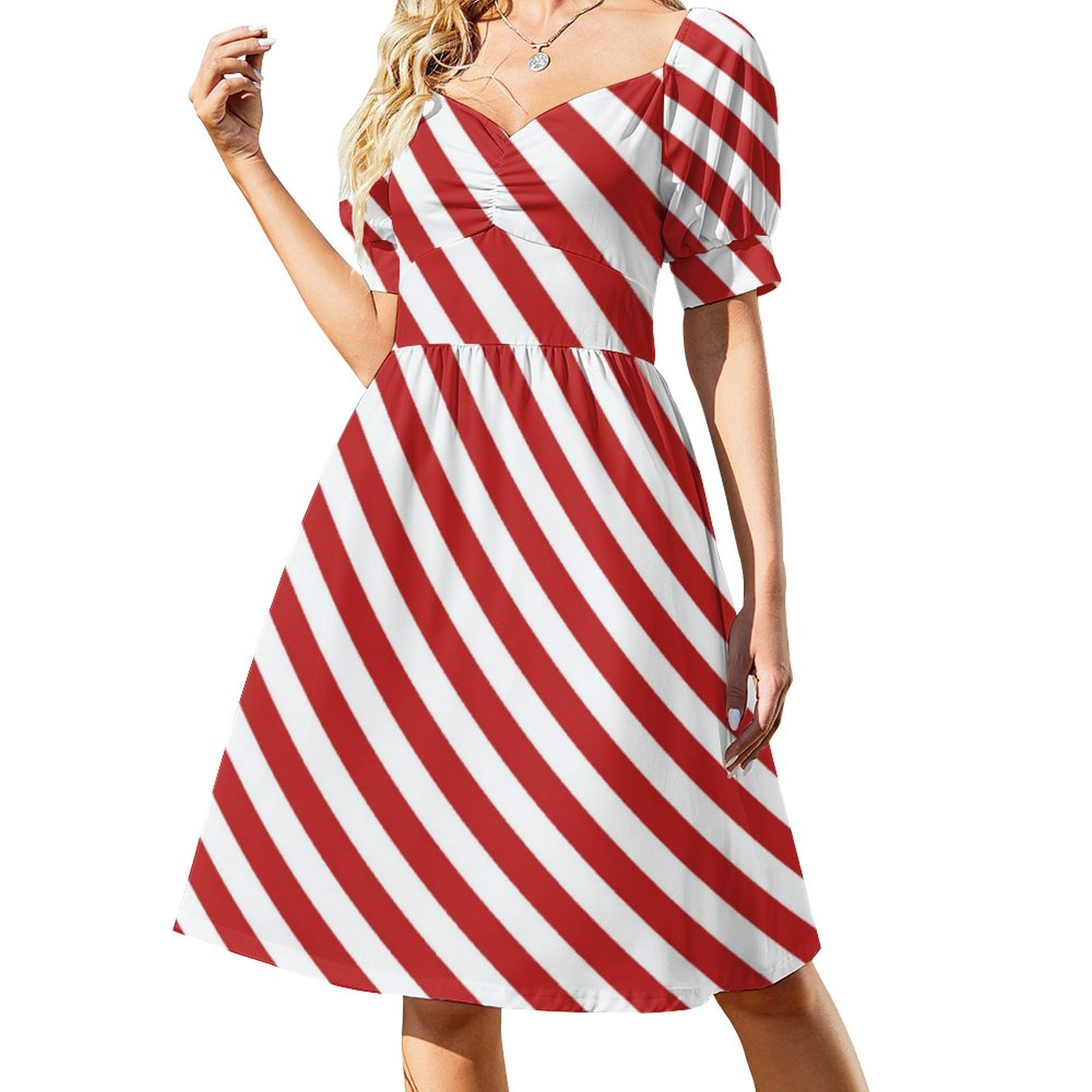 Red White Diagonal Candy Cane Stripes Holiday Dress Women Boho High Waist Flared Puff Sleeve Cute Sweetheart Midi Dress White & Red-5XL Red White Diagonal Candy Cane Stripes Holiday Dress Women Boho High Waist Flared Puff Sleeve Cute Sweetheart Midi Dress White & Red-5XL