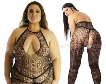 pornhint Pornhint Plus Size US 2-22 Halter Neckline, Fishnet Crotchless Bodysuit Bodystocking Open Crotch BBW Stockings Erotic Underwear