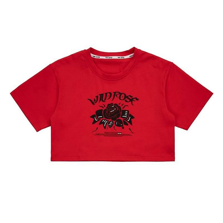 Red Harajuku Vintage Rose Print Cotton Crop T-Shirt SS1199