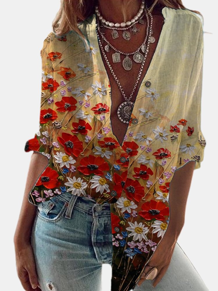 Daisy Flower Print Long Sleeve Vintage Shirt For Women P1776643