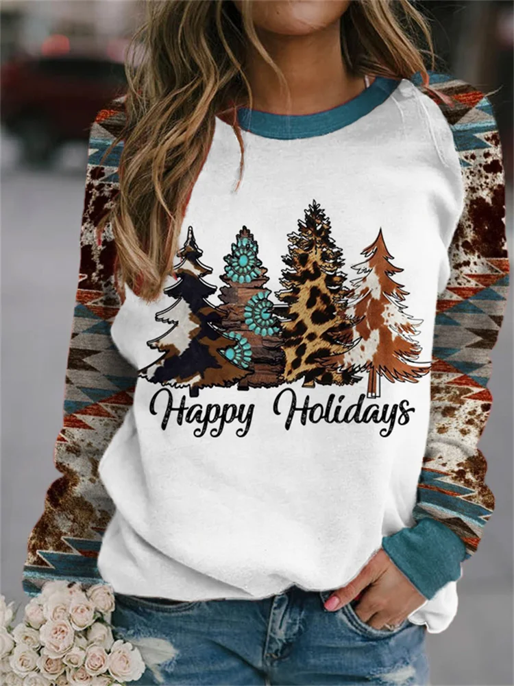 Vefave Western Christmas Trees Aztec Patchwork Sweatshirt
