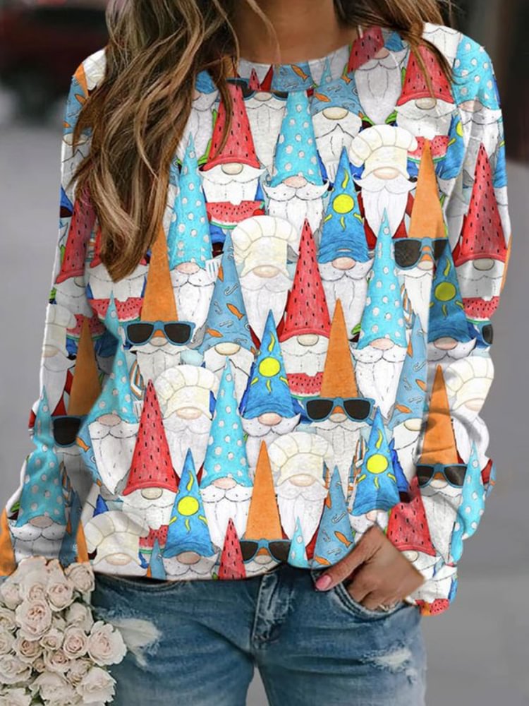 Christmas Cute Dwarf Print Crew Neck Sweatshirt