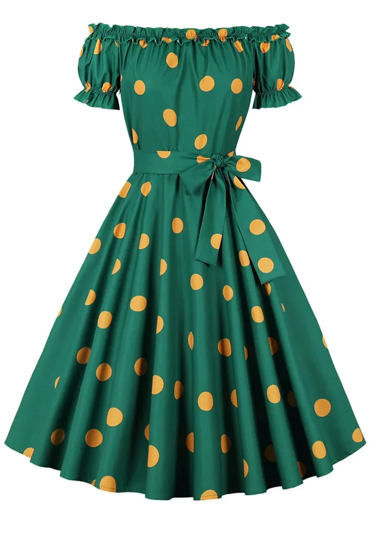 1950s Green Party Ruffle Off The Shoulder Polka Dot Bow Sash Swing Midi Dress