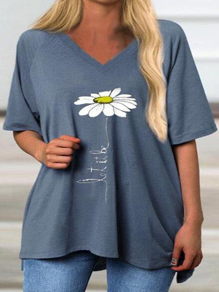 Daisy Floral Printed Short Sleeve V Neck Long T shirt P1707878