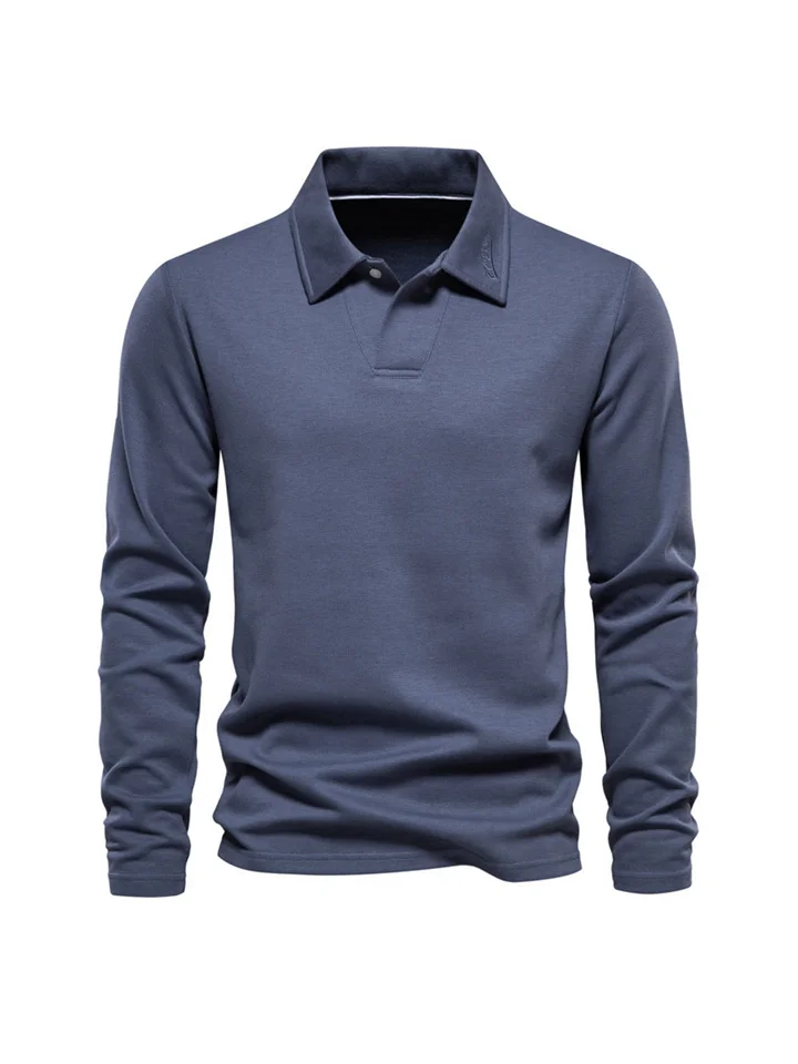V Collar Solid Color Washed Long-sleeved Slim Polo Shirt Men's Casual Solid Color Tops Turnover Collar Versatile Polo Shirt-JRSEE