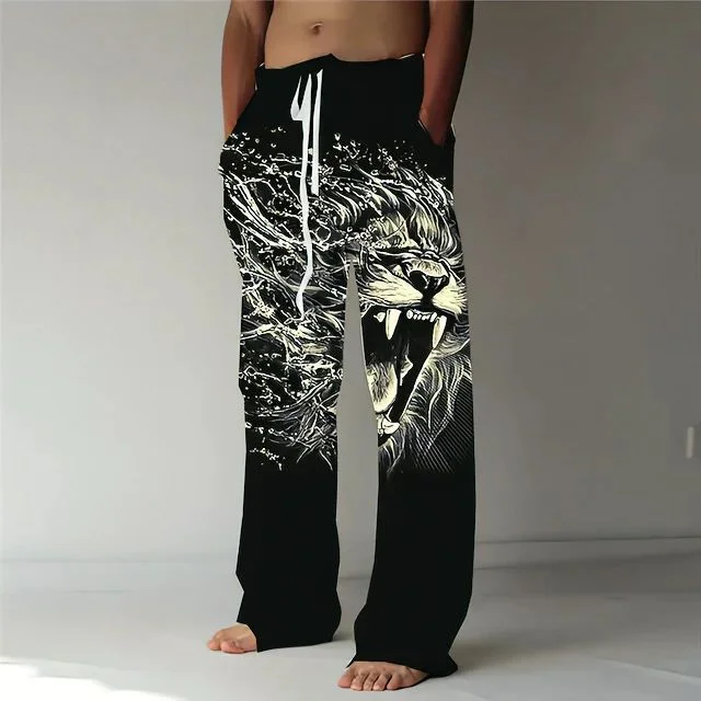 Men's Casual 3D Lion Graffiti Drawstring Straight Leg Pants